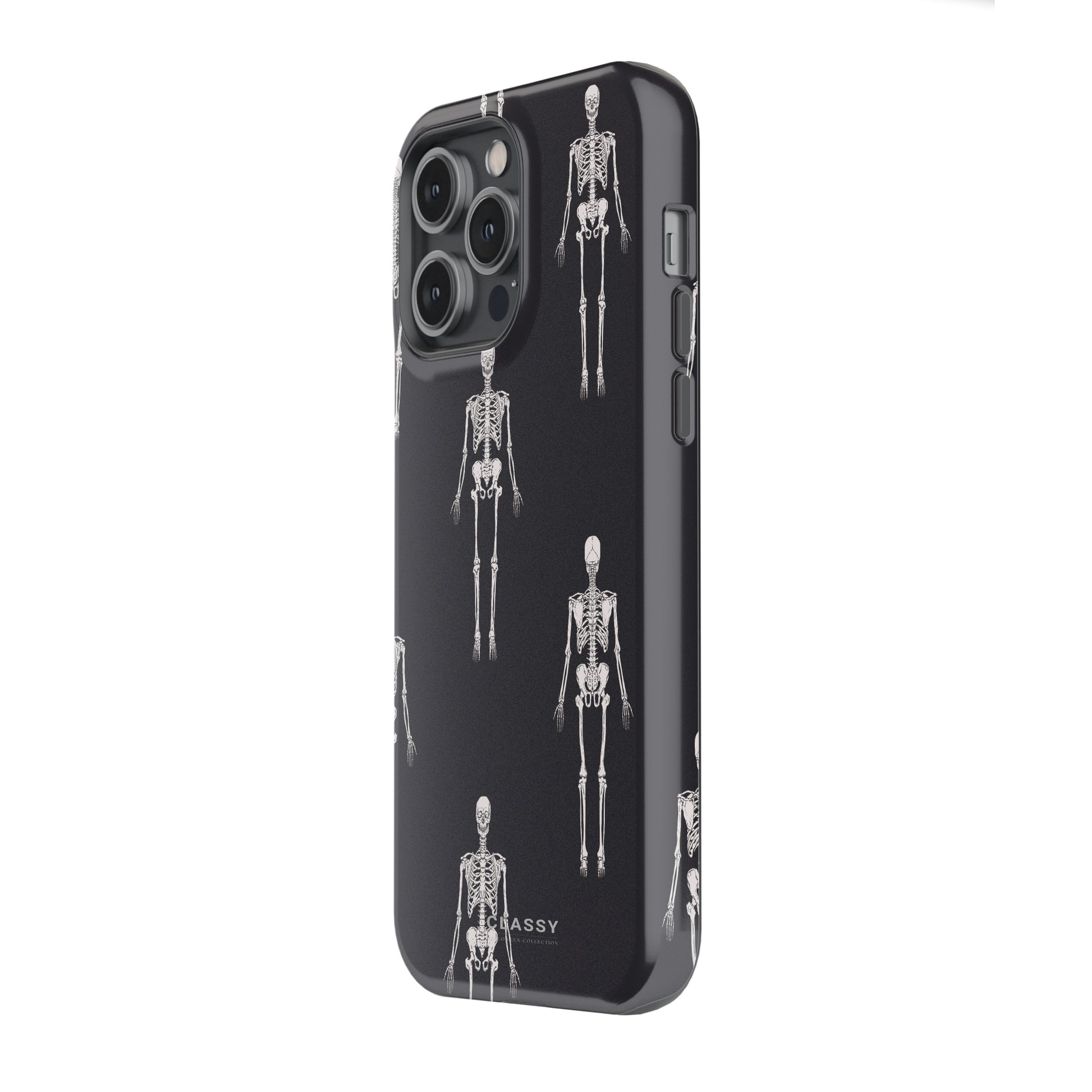 Phone case with skeleton design on a black background
