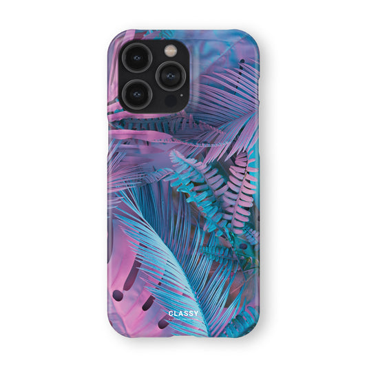 Phone case with a colorful palm leaf pattern on a white background front