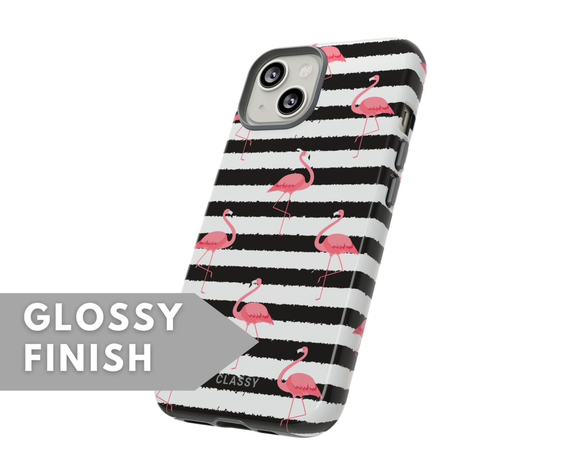 Black and White Striped Flamingo Tough Case - Classy Cases - Phone Case - iPhone 15 - Glossy -