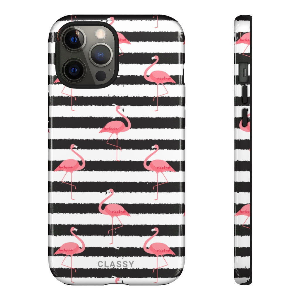 Black and White Striped Flamingo Tough Case - Classy Cases - Phone Case - iPhone 12 Pro Max - Glossy -